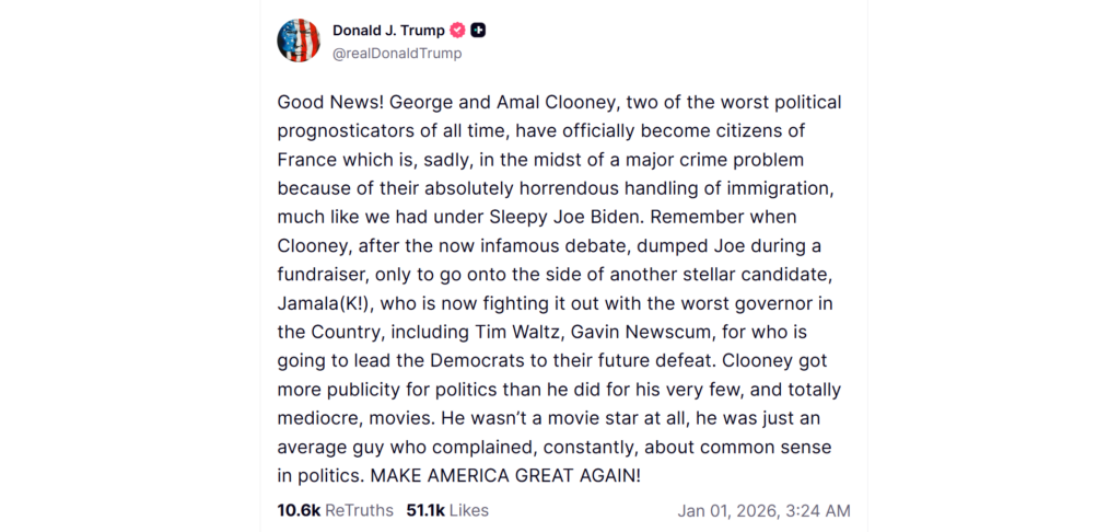 Donald Trump's Truth Social post on George Clooney's French citizenship confirmation