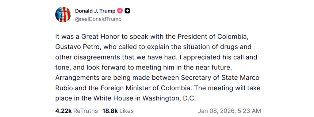 Donald Trump's Truth Social post after a call with Columbian President Gustavo Petro