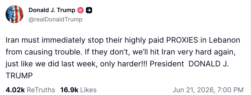 President Donald Trump's post on Truth Social