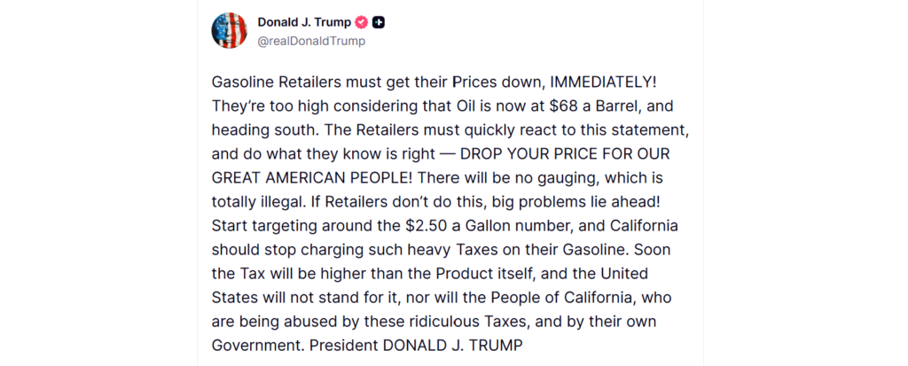 Trump's Truth Social post warning gas retailers
