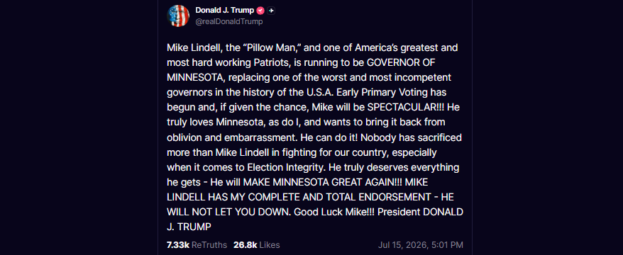 Donald Trump Truth Social post endorsing MyPillow's Mike Lindell